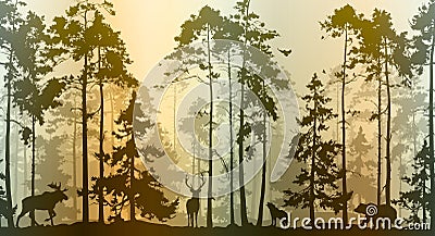 Seamless horizontal background with pine forest and animals Vector Illustration