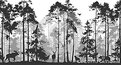 Seamless horizontal background with pine forest and animals Vector Illustration