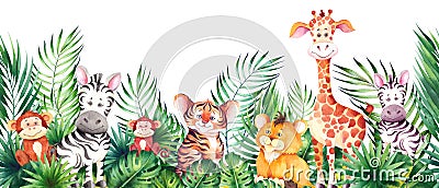 Seamless horizontal border with african cartoon animals. Stock Photo