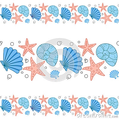 Seamless horizontal border with blue and red cockleshells and sea stars Vector Illustration