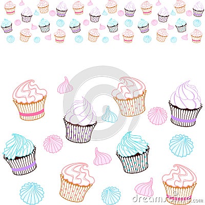 Seamless horizontal border with colorful cupcakes and meringue on a white Vector Illustration