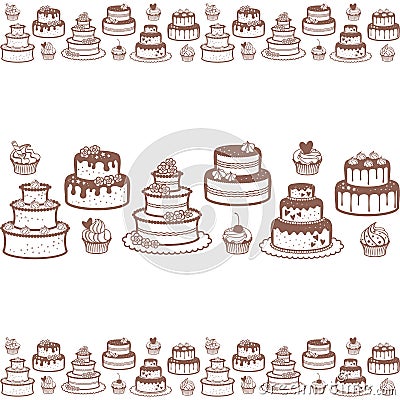 Seamless horizontal border with muffins, cupcake and different wedding and birthday cakes Vector Illustration