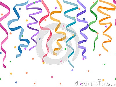 Seamless horizontal decorative serpentines with confetti without background, vector colorful ribbons for footer and banner for dec Vector Illustration