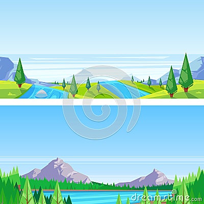 Seamless horizontal landscape background. Vector illustration of mountains, hills, meadows, lake and river. Vector Illustration