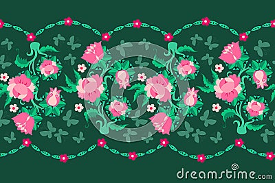 Seamless horizontal pattern with bouquets of fabulous pink flowers and silhouettes of fluttering butterflies on a green background Vector Illustration