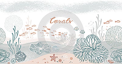 Seamless horizontal pattern with corals, algae, fish, and starfish. Vector Illustration