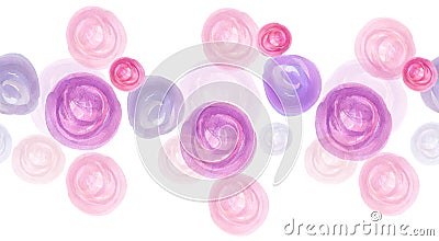 Seamless horizontal pattern of watercolor hand-painted circles and dots. Pink and purple colors Stock Photo