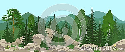 Seamless Mountain Landscape with Trees Vector Illustration