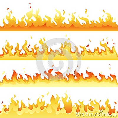 Seamless hot fire flame set, danger fire light collection isolated on white background. Vector red and yellow flame Vector Illustration