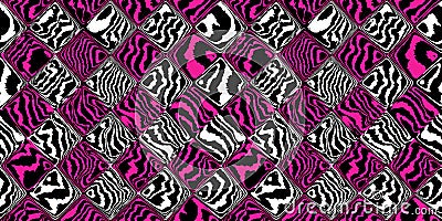 Seamless hot pink psychedelic tiger stripe or zebra skin diamond harlequin checkers contemporary patchwork fashion pattern Stock Photo