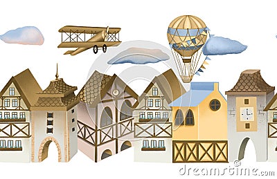 Seamless illustration of bavarian houses, retro airplanes and hot airballoons in the sky, festive old town street Cartoon Illustration