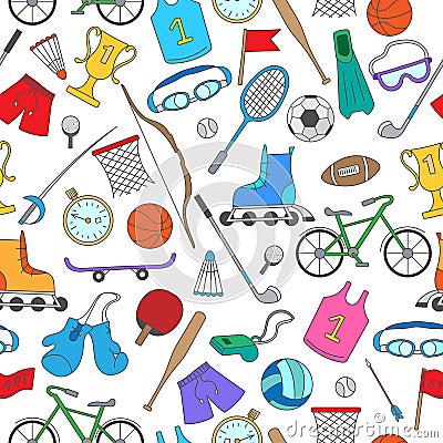 Seamless illustration with colorful icons on the theme of summer sports Vector Illustration