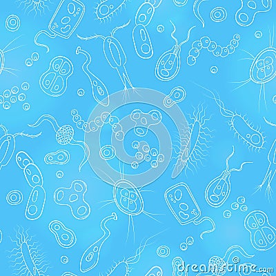 Seamless illustration with contour images of bacteria, germs and viruses on the blue background Vector Illustration