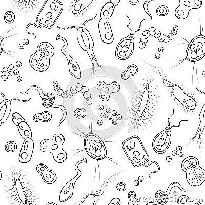 Seamless illustration with contour images of bacteria, germs and viruses on the white background Vector Illustration
