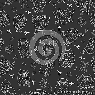 Seamless illustration with contour images of cartoon owls , white outline on a dark background Vector Illustration