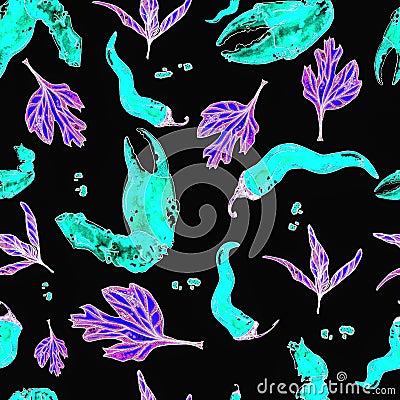 Seamless illustration of delicacies on a black background. Crab claw pattern, greens. For printing menus, cards. cards, to Cartoon Illustration