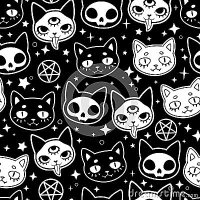 Seamless illustration depicting symbols of witchcraft cats Vector Illustration