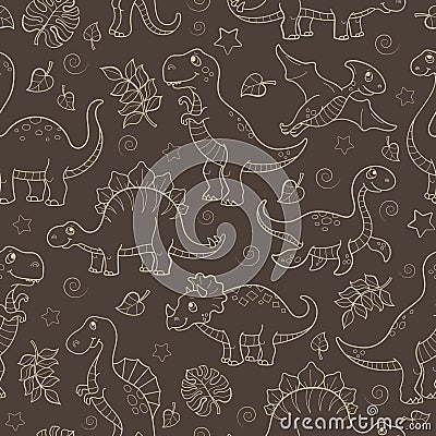 Seamless illustration with dinosaurs and leaves, contoured animals beige outline on a brown background Vector Illustration