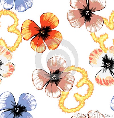 Seamless illustration floral pattern with fire effect. Cartoon Illustration