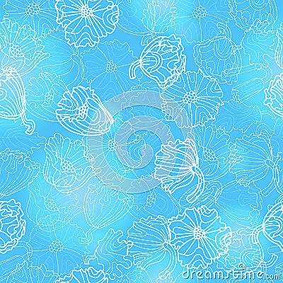 Seamless illustration with flowers and leaves of poppies, light contour plants on a blue background Vector Illustration