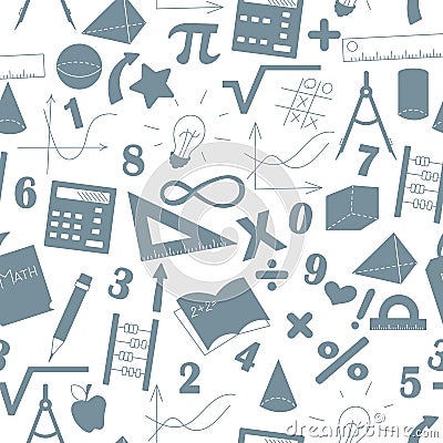 Seamless illustration with formulas and charts on the topic of mathematics and education, a grey silhouettes of icons on the ligh Vector Illustration