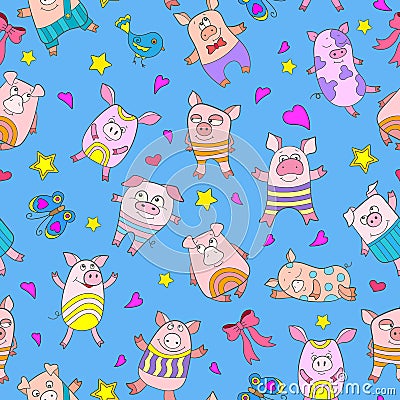 Seamless illustration with funny cartoon pigs on a blue background Vector Illustration