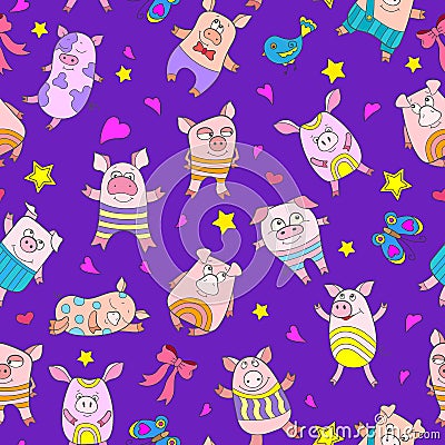 Seamless illustration with funny cartoon pigs on a purple background Vector Illustration