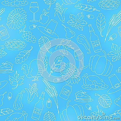 Seamless illustration for holiday Thanksgiving day, light contour icons on blue background Vector Illustration