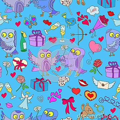 Seamless illustration with owls in love Valentine`s day. Seamless pattern with hand drawn owls and icons on the theme of Valentine Vector Illustration