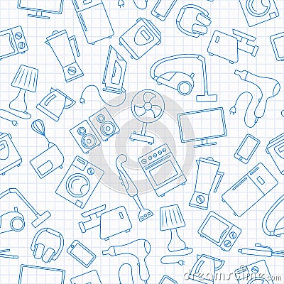 Seamless illustration with a simple contour icons on the topic of household appliances,blue contour icons on the clean writing- Vector Illustration