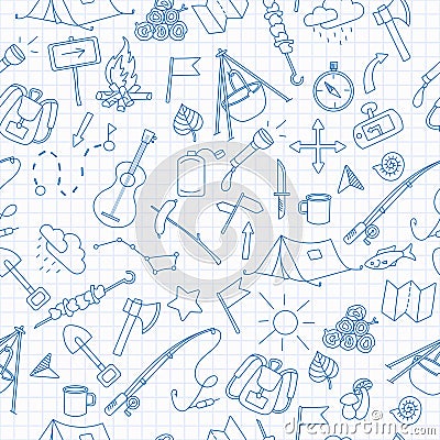 Seamless illustration with simple hand-drawn icons on the theme of camping and traveling, blue contour icons on the clean writin Vector Illustration