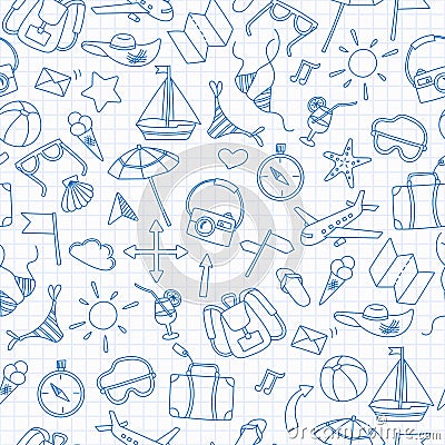 Seamless illustration with simple hand-drawn icons on the theme of summer and vacation, blue contour icons on the clean writing- Vector Illustration