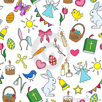 Seamless illustration with simple icons on a theme the holiday of Easter ,colored icons on white background Vector Illustration