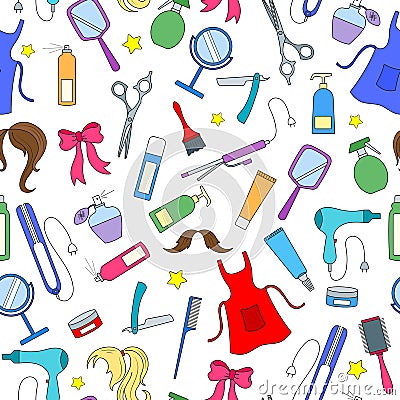 Seamless illustration on the theme of the Barber shop, tools, and accessories of Barber, colored icons on a white background Vector Illustration