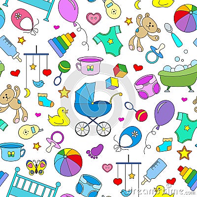 Seamless illustration on the theme of childhood and newborn babies, baby accessories, accessories and toys, simple color icons on Vector Illustration