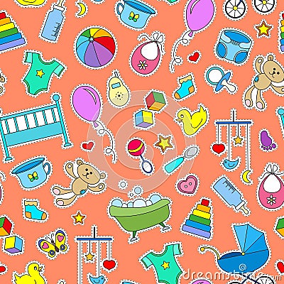 Seamless illustration on the theme of childhood and newborn babies, baby accessories and toys, simple color patches icons on oran Vector Illustration