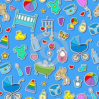 Seamless illustration on the theme of childhood and newborn babies, baby accessories and toys, simple color stickers icons on blue Vector Illustration