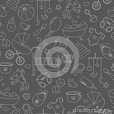 Seamless illustration on the theme of childhood and newborn babies, baby accessories and toys, simple contour icons, white contour Vector Illustration