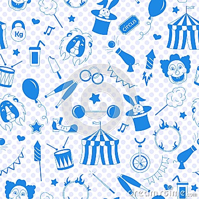 Seamless illustration on the theme of circus, a blue silhouettes of icons on the background of polka dots Vector Illustration