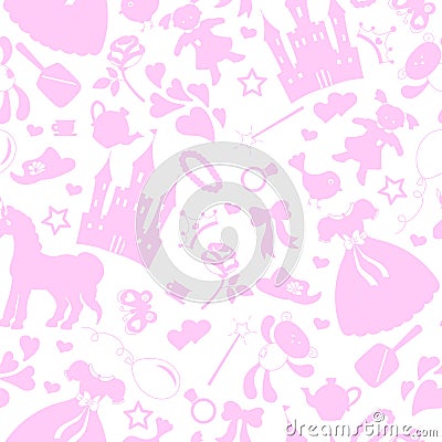 Seamless illustration on the theme of Hobbies baby girls, accessories and toys, the outlines of objects pink icons on a white bac Vector Illustration