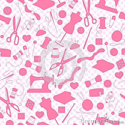 Seamless illustration on the theme of needlework and sewing , pink silhouettes of icons on a light background polka dot Vector Illustration