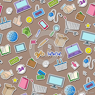 Seamless illustration on the theme of online shopping and Internet shops, colorful stickers icons on brown background Vector Illustration