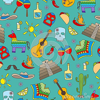 Seamless illustration on the theme of recreation in the country of Mexico, colorful icons on green background Vector Illustration