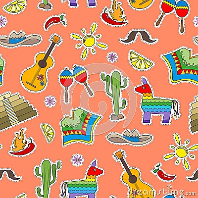 Seamless illustration on the theme of recreation in the country of Mexico, colorful patches icons on a orange background Vector Illustration