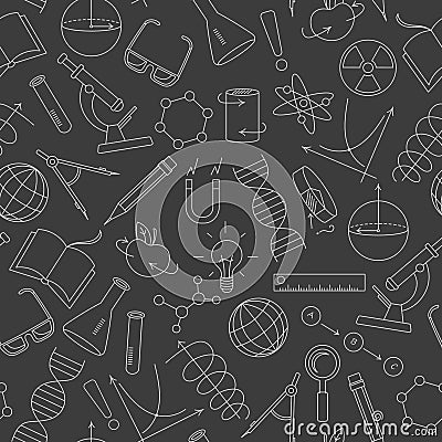 Seamless illustration on the theme of science and inventions, diagrams, charts, and equipment,light simple contour icons on a da Vector Illustration