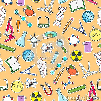 Seamless illustration on the theme of science and inventions, diagrams, charts, and equipment, simple patch icons on orange backgr Vector Illustration