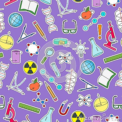 Seamless illustration on the theme of science and inventions, diagrams, charts, and equipment, simple patch icons on purple backgr Vector Illustration