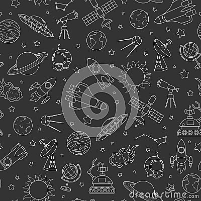 Seamless illustration on the theme of space and space flight, the white contour icons on dark background Vector Illustration