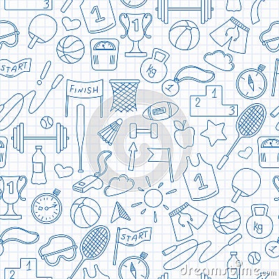 Seamless illustration on a theme sports and exercise, blue contour icons on the clean writing-book sheet in a cage Vector Illustration