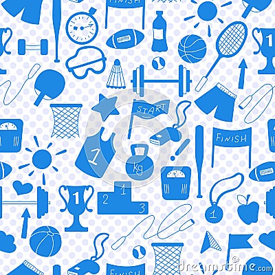 Seamless illustration on a theme sports and physical development , a blue silhouettes of icons on the background of polka dots Vector Illustration